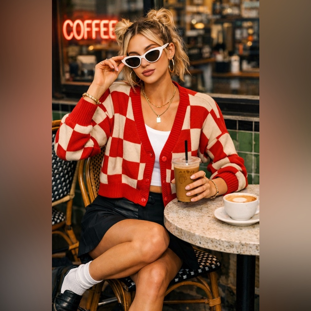 Boutique Petal Dew Red & Cream Checkerboard Button Cardigan Sweater Size M